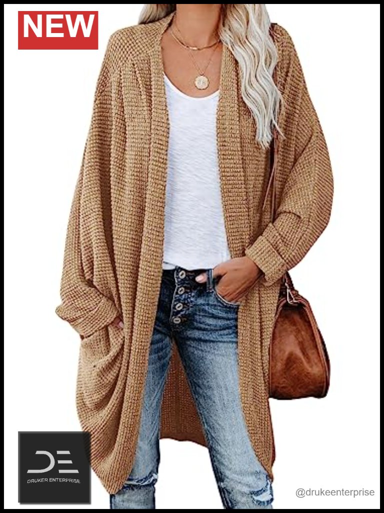 Chunky Waffle Cable Knit Cardigan Open Front Batwing Sleeve Oversized Sweater